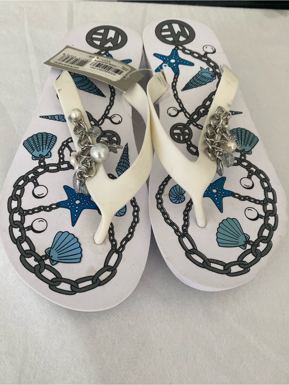 NWT Sizes 7 Marc Fisher Nautical Seashell Starfish Charm Wedge Flip Flops blue
